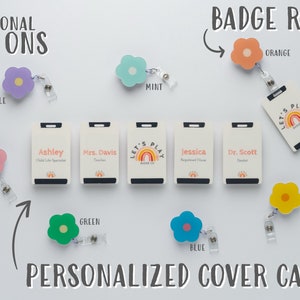 May include: A set of five colourful flower-shaped badge reels in a variety of colours including pink, purple, mint, green, blue, orange and yellow. The badge reels are shown with personalised cover cards that have different names and titles. The text "Let's Play Badge Co." is on one of the cards.