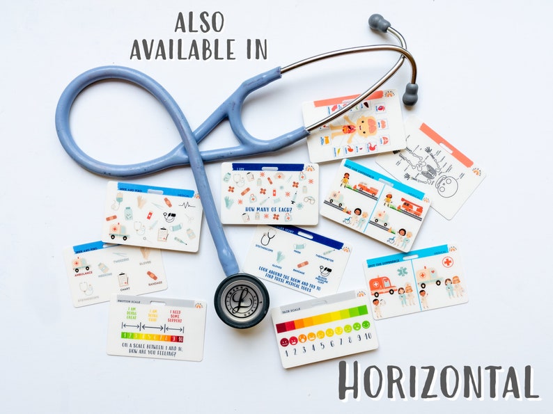 May include: A set of colourful medical themed flash cards with illustrations and text. The cards include a human body diagram, a skeleton, a pain scale, and a card that asks "How many can you lace?" The cards are laid out on a white surface with a blue stethoscope.