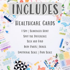 May include: A set of healthcare cards with various activities and games for children. The cards feature colourful illustrations of animals, objects, and scenes. The text on the cards includes "I Spy", "Scavenger Hunt", "Spot the Difference", "Seek and Find", "Body Parts", "Bones", "Emotional Scale", and "Pain Scale".