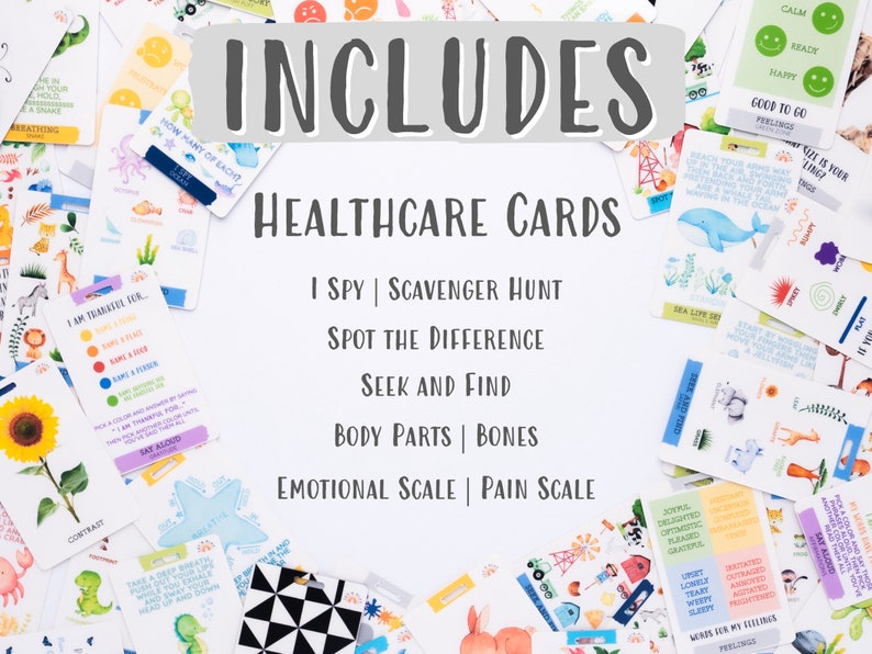 May include: A set of healthcare cards with various activities and games for children. The cards feature colourful illustrations of animals, objects, and scenes. The text on the cards includes "I Spy", "Scavenger Hunt", "Spot the Difference", "Seek and Find", "Body Parts", "Bones", "Emotional Scale", and "Pain Scale".