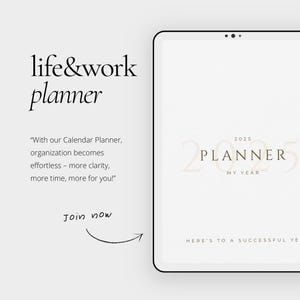 Könnte beinhalten: Ein weißer digitaler Planer mit dem Text "2025 PLANNER MY YEAR" und dem Satz "HERE'S TO A SUCCESSFUL YEAR" unten. Der Text "life&work planner" ist oben in schwarzer Schrift.