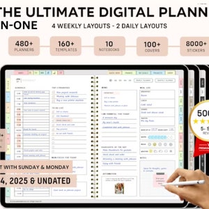 Op de afbeelding: Digitale planner met meerdere lay-outs, sjablonen en notitieboekjes. Voorzien van 24.000+ hyperlinks, 480+ planners, 160+ sjablonen, 100+ covers en 8000+ stickers. Inclusief 2024, 2025 en ongedateerde opties. De planner heeft 5-sterren beoordelingen.