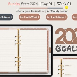 Op de afbeelding: Een digitale planner met een bruin en wit kleurenschema. De planner is open op een blanco pagina met gestreept papier. De tekst "Sunday Start 2024 | Day 01 | Week 01" staat bovenaan de afbeelding. De tekst "Choose your Desired Daily & Weekly Layout" staat onder de eerste regel tekst. Er zijn vier knoppen onder de tekst die zeggen "Day 1 with Week 1", "Day 2 with Week 2", "Day 3 with Week 1", en "Day 4 with Week 3". De tekst "2024 GOALS!" staat in de rechterbenedenhoek van de afbeelding.