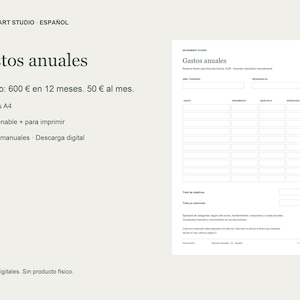 Può includere: Un modello digitale A4 per il monitoraggio delle spese annuali con una tabella che include colonne per spesa, scadenza, obiettivo e importo riservato. Il documento contiene campi per anno, periodo e calcoli totali in lingua spagnola.