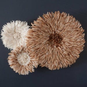 Op de afbeelding: Drie wanddecoraties in bloemvorm, gemaakt van veren. De grootste is lichtbruin, de kleinste is gebroken wit en de middelste is een mix van beide kleuren. Ze zijn geplaatst op een donkerblauwe achtergrond.
