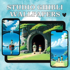 May include: Three different phone screens displaying images from Studio Ghibli movies. The first screen shows a blue sky with a bridge and a waterfall. The second screen shows a green landscape with a stone archway. The third screen shows a blue ocean with a mountain in the distance.