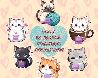 Pack 10 gatos kawaii, pegatinas anime, diseños cute, diseños digitales, archivos PNG imprimibles digitales - Descarga instantánea