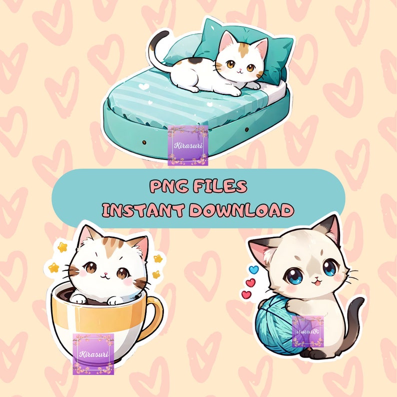 Pack 10 gatos kawaii, pegatinas anime, diseños cute, diseños digitales, archivos PNG imprimibles digitales - Descarga instantánea