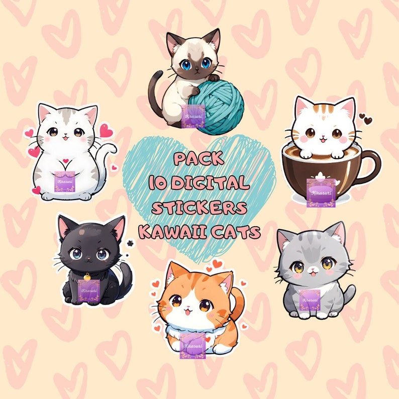 Pack 10 gatos kawaii, pegatinas anime, diseños cute, diseños digitales, archivos PNG imprimibles digitales - Descarga instantánea