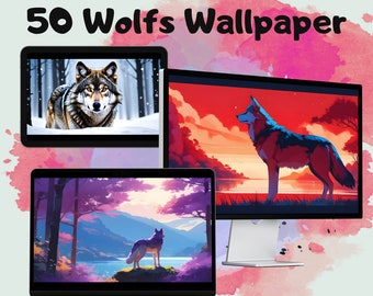 Pack 50 Wolfs Wallpaper Desktop, cute wallpapers, SVG files, instant download, PNG files, 4k design, 16:9 aspect ratio, Magic Moon