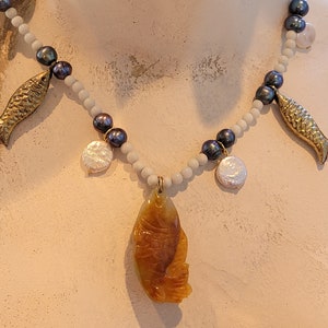 Beaded Necklace with Vintage Jade and Brass Fish and Pearl Accents
