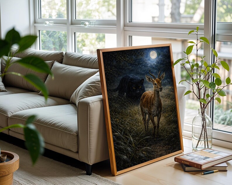May include: A framed art print featuring a nighttime forest scene with a deer and a black panther. The deer stands in a grassy area, illuminated by moonlight. The artwork is displayed near a window and a beige sofa.