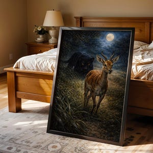 May include: Framed art print depicting a deer in a forest setting under a full moon. A black panther is lurking in the background. The artwork features detailed brushstrokes and a dark, moody color palette, creating a dramatic wildlife scene.