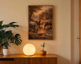 Horses in the River Vintage Painting | Classic Countryside Wall Art | Pastoral Horse Poster Printable