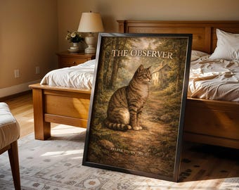 The Observer Cat Poster | Vintage Feline Wall Art | Forest Cat Illustration Printable