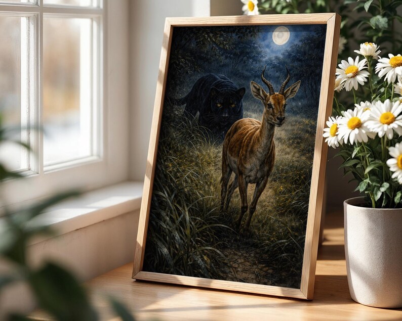 May include: A framed art print depicts a deer in a grassy area, with a black panther in the background under a full moon. The artwork is in a wooden frame, and the scene is set in a forest. The print is displayed near a window.