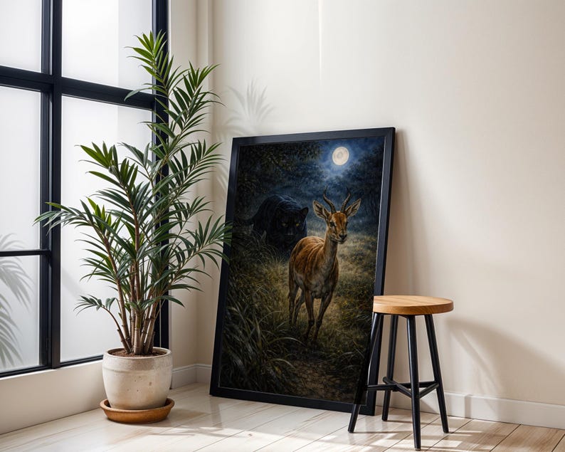 May include: A framed art print depicts a deer in a moonlit forest, with a black panther in the background. The artwork is in a black frame, leaning against a white wall. A potted plant and a wooden stool are also in the scene.