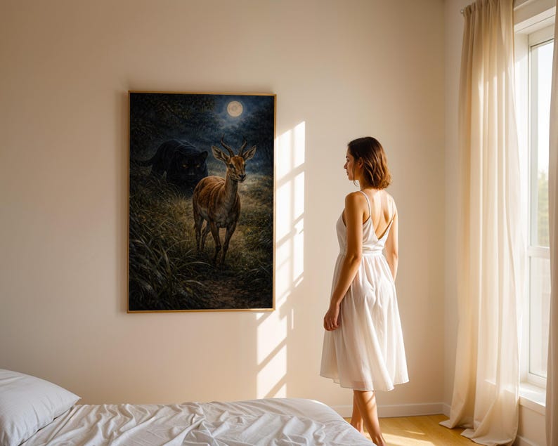 May include: A framed art print depicts a deer in a moonlit forest with a black panther in the background. The artwork is displayed on a beige wall in a bedroom setting. A woman in a white dress stands near the artwork.
