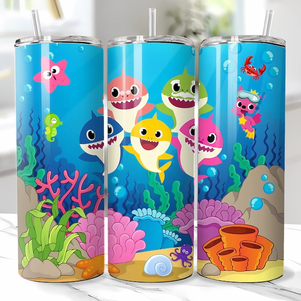 Baby Shark Sublimation Template, Sublimation Wraps for 20 oz Tumbler, 20 oz Skinny Tumbler Wrap 300 DPI + Bundle