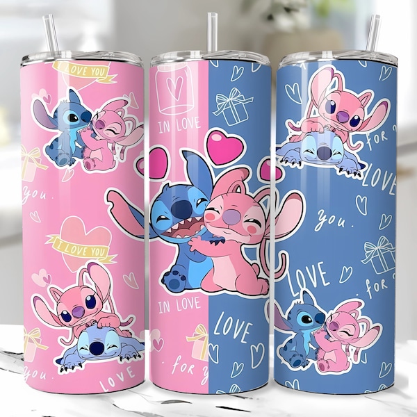 Anime Cartoon Stitch Angel 20oz Skinny Tumbler Wrap, Straight and Tapered Tumbler Design Sublimation Download PNG