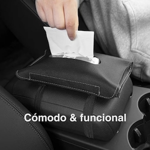 May include: Black leather car tissue box holder with a white tissue box inside. The text "Cómodo & funcional" is printed on the holder.