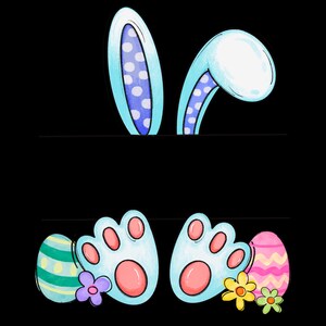 May include: Blue bunny ears with white polka dots and pink bunny feet with green and yellow Easter eggs.