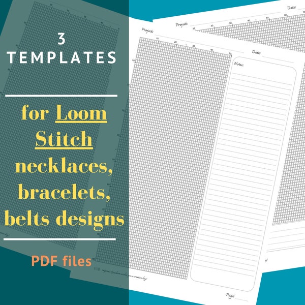Set of 3 templates for designing loom stitch jewelry, printable blank pattern for creating beaded bracelets, necklaces, decors and projects
