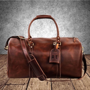 Full Grain Leather Weekender Bag - Personalized Retro Travel Holdall for Men and Women - Perfect Gift for Him - Durable Travel Bag Gift Men