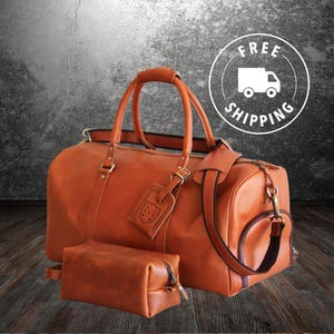 Personalized Leather Travel Bag Set: Handmade Duffel Bag, Leather Dopp Kit , Leather Luggage Tag, Travel Gifts for man and woman