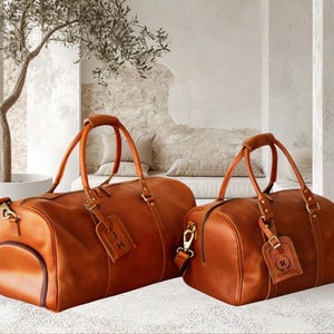 Personalized Vegetable Tanned Leather Duffle Bag | Handmade Full Grain Travel Bag with Luggage Tag