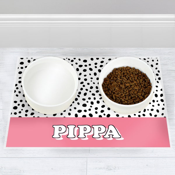 Personalised Pink Spots Dog Pet Bowl Mat - Choice of 2 Colours