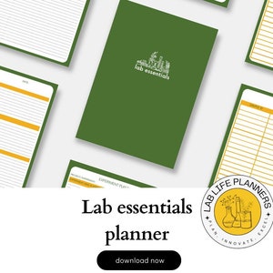 Peut inclure: Un planificateur vert avec le texte "lab essentials" en blanc. Le planificateur contient un graphique d'équipements de laboratoire et le texte "Lab Life Planners Plan. Innovate. Excel." dans un cercle.