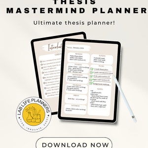 May include: A digital planner for a thesis, with a weekly schedule and checklist. The planner is open to the week of January 2024 and includes a checklist for the introduction section of the thesis. The planner is titled "Thesis Mastermind Planner: Ultimate thesis planner!"
