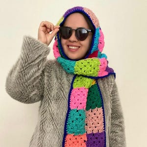 Granny Square Balaclava Scarf, 3 Different Colors Crochet Balaclava, Patchwork Scoodie, Shawl Scoodie, Crochet Shawl Hoodie, Christmas Gift