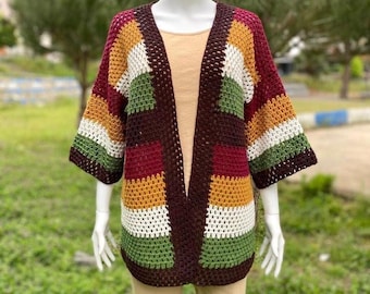 Handgemaakt gehaakt katoenen vest: oversized herfstkleuren