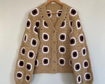 Braun Evil Eye Crochet Cardigan: Unisex Baumwollstrickpullover
