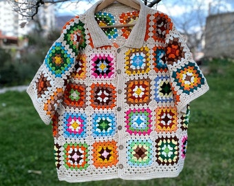 Colorful Granny Square Crochet Shirt: Lightweight Cotton Unisex Top