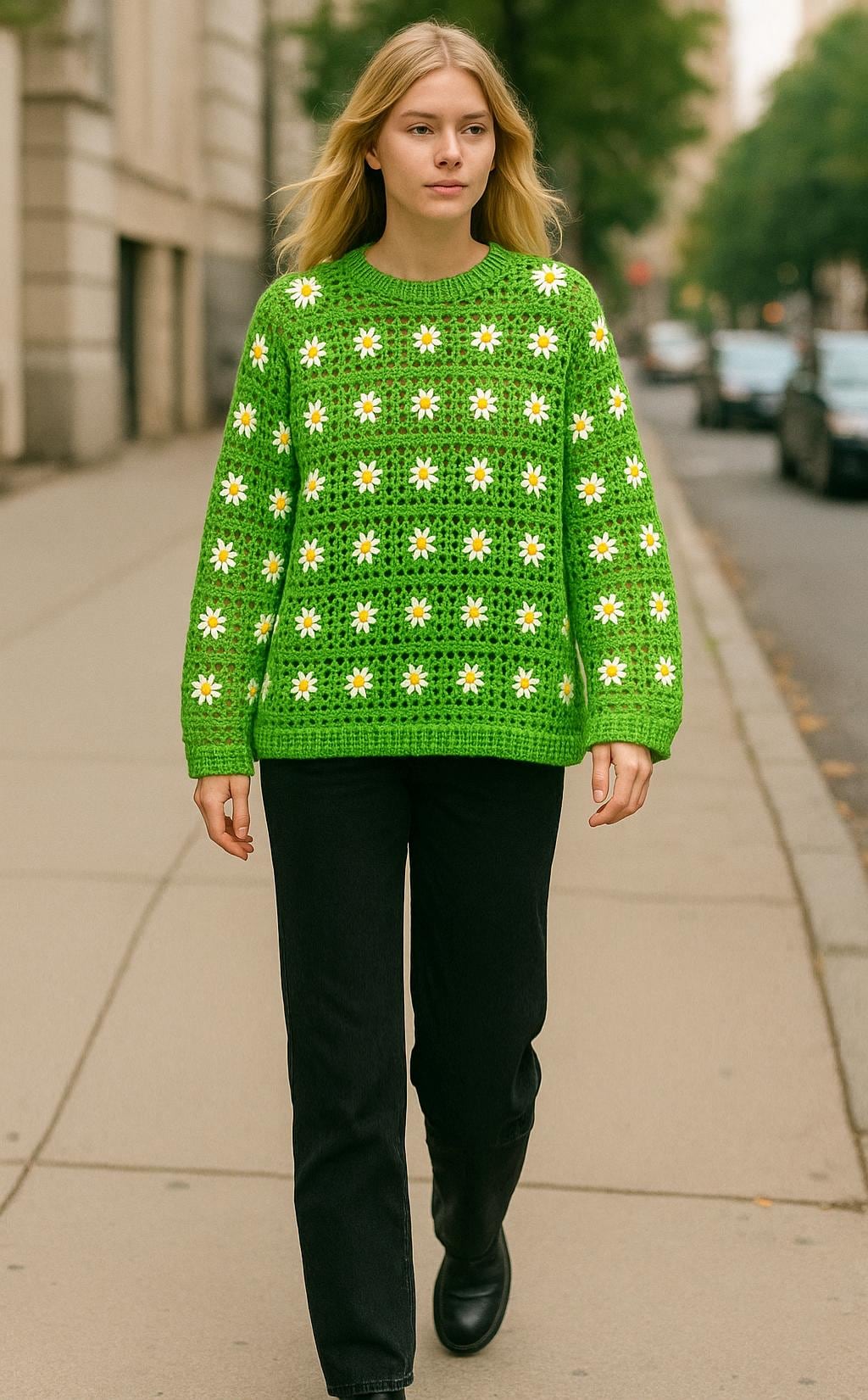 Handmade Crochet Daisy Sweater: Neon Green Knit Blouse - Etsy