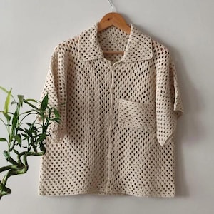 Beige Crochet Granny Square Shirt: Handmade Cotton Knit Unisex Top
