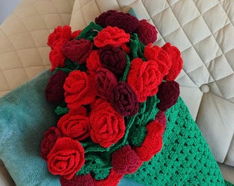 LEFORUP Flower Bouquet Blanket, Crochet 3D Flowers Rose Bouquet Blanket Handmade, Finished Or Material Package For Mother's Day Birthday Home Decor (Style-E, Finished Blanket
