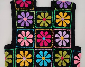 Crochet Daisy Sweater Vest: Colorful Floral Handmade Warm Vest
