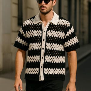 Crochet Shirt, Hadnmade Unisex Shirt, Crochet Overshirt, Crochet Shirt for Men, Knitted Mens Shirt, Crochet Striped Shirt, Gift for Him,