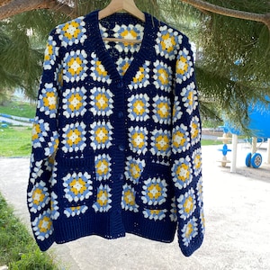 Crochet Granny Square Cardigan: Unisex Boho Cotton Jacket