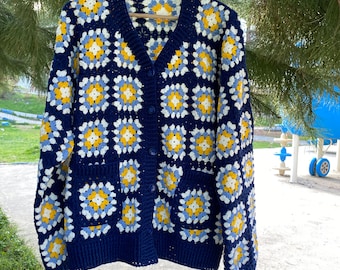 Crochet Grandma Square Cardigan: Unisex Boho Baumwolljacke