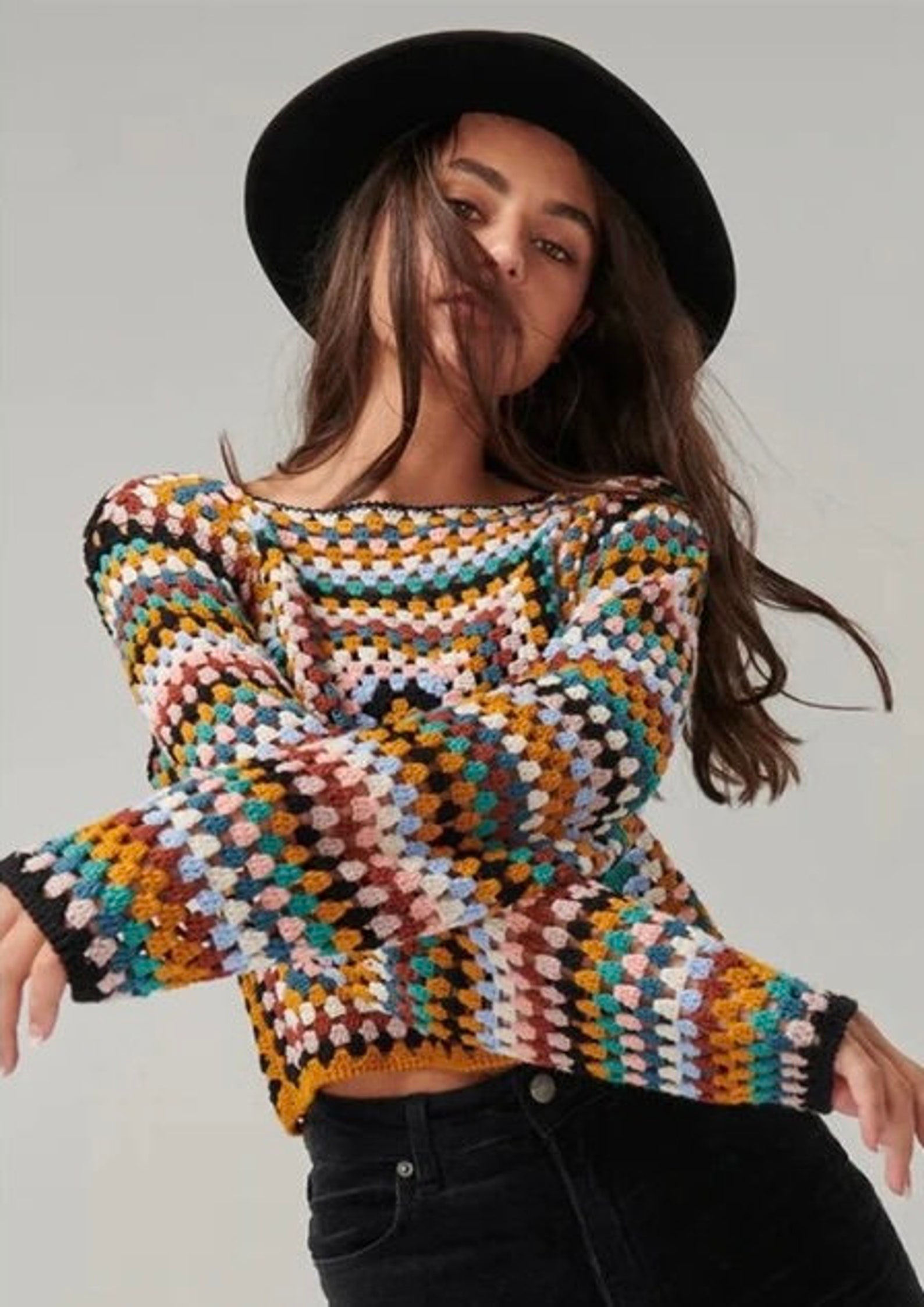 Puff Sleeve Multi Granny Crochet Knit Pullover
