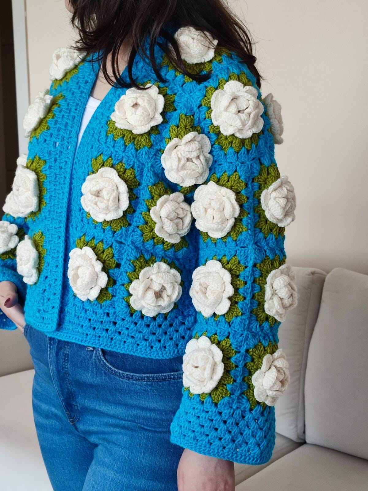 Handmade Crochet Rose Cardigan: Blue Granny Square Wool Jacket - Etsy