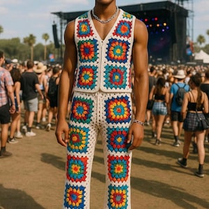 Handgemachtes Herren Häkeloutfit: Hippie Top und Hose, Rave Kostüm