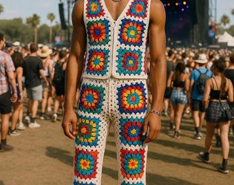 Mens Handmade Crochet Outfit: Hippie Top and Pants, Rave Costume