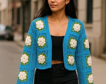 アール(ᵔᴥᵔ)　レディース　GB S Handmade Crochet Rose Cardigan: Blue Granny Square Wool Jacket - Etsy