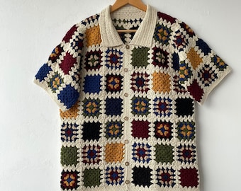 Oversized Granny Square Crochet Shirt: Colorful Ethnic Style